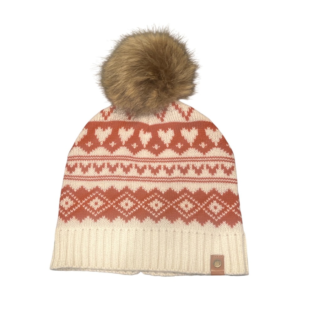 FRYE AND CO Fair Isle Pom Pom Beanie Hat Womens Cream Orange Faux‎ Fur